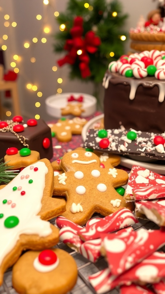 Festive Christmas Party Desserts A variety of Christmas desserts including gingerbread cookies, chocolate cake, and peppermint bark on a festive table.